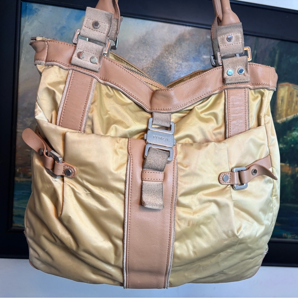 Furla Nylon Leather Shoulder Bag With Suede Trim